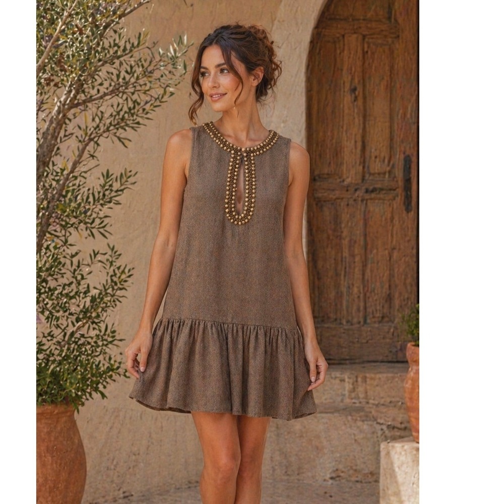 Anthropologie Brown Herringbone Beaded Keyhole Drop WaistMini Dress Wool Blend M